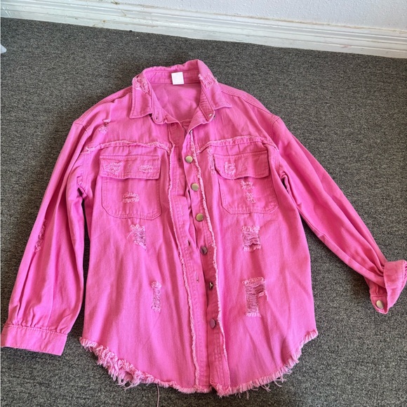 Tops - Pink Distressed Denim Jacket